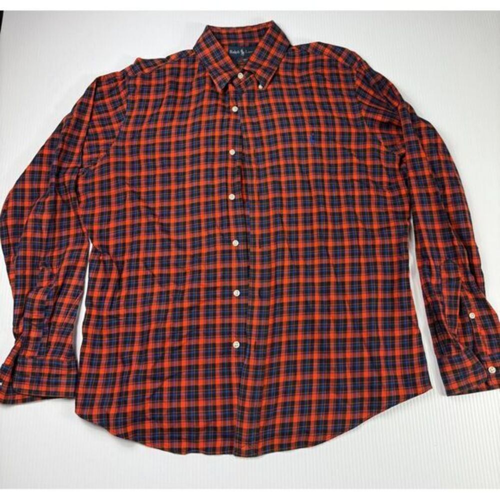 Vintage Ralph Lauren Custom Fit Plaid Button Down Shirt Orange Navy Cotton L